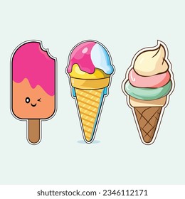 Set of 3 kawaii Ice-cream Illustration