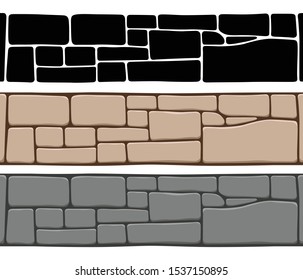 Set of 3 kinds of seamless stone wall textures, isolated on white background. Brick texture backgrounds, stones patterns. Vector illustration.