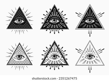 Set of 3 labels with all seeing eye, eye of providence. Illuminati symbol in pyramid, triangle with light rays. Black and white illustration on white background in retro, vintage style.
