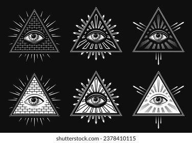 Set von 3 Etiketten mit allen Augen, Auge der Vorsehung. Leuchtsymbol in Pyramide, Dreieck mit Lichtstrahlen. Schwarz-Weiß-Illustration auf schwarzem Hintergrund im Retro-Stil, Vintage-Stil.