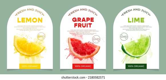 Set of 3 labels, packaging of fresh and juicy citrus fruits. Natural organic product, gmo free. Text with watercolor realistic fruits on white base. Template for your product.