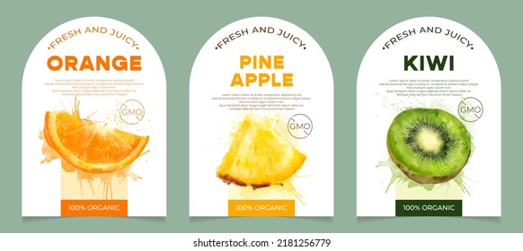 Set of 3 labels, packaging of fresh and juicy fruits. Natural organic product, gmo free. Text with watercolor realistic fruits on white base. Template for your product.