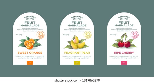 Set of 3 labels, packaging of fruit marmalade. Nature organic product. Text with realistic fruits and leaves on white base. 