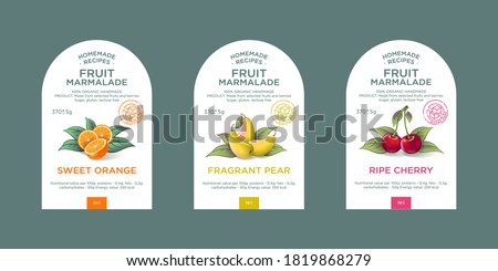 Set of 3 labels, packaging of fruit marmalade. Nature organic product. Text with realistic fruits and leaves on white base. 