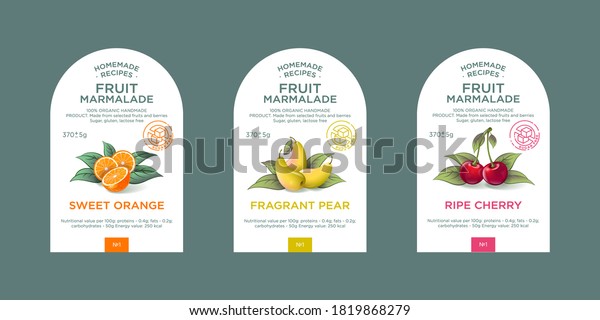Set\
of 3 labels, packaging of fruit marmalade. Nature organic product.\
Text with realistic fruits and leaves on white base.\
