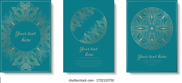 3 Layouts für Einladungen oder Postkarten mit orientalischen Golddekorationen.