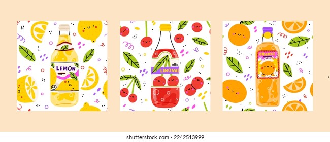 Set of 3 lemonade seamless pattern. Soft drinks in glass with soda and lemonade. Kawaii. Childish style for printing fabrics, wallpaper, menu. Orange, cherry, lemon, pear pattern for printing fabrics