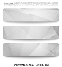 Set of 3 light grey vector web banners. Abstract vector polygonal bright background. Vector web buttons. Design vector elements  