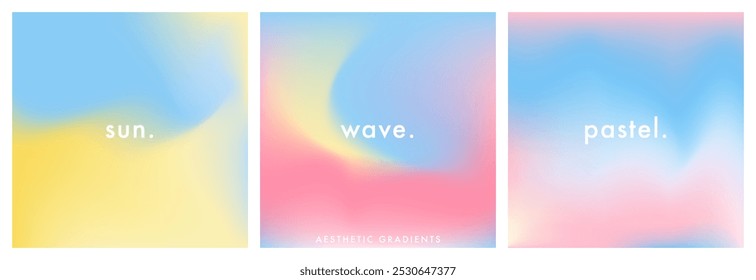 Set of 3 light multicolored square gradient background. Aesthetic. Abstract blue sky bg color vector banner. Simple soft light backdrop. Gradient template design for poster, ig, square social post