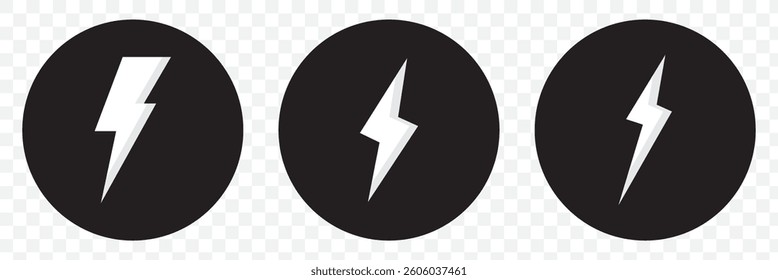 Set of 3 Lightning, Flash, Thunder icons. Thunderbolts icons isolated on black background. Vector illustration On Transparent Background. EPS 10.