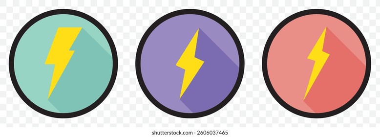 Set of 3 Lightning, Flash, Thunder icons. Thunderbolts icons isolated on black background. Vector illustration On Transparent Background. EPS 10.