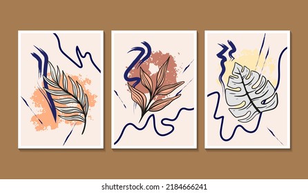 Set of 3 line art wall poster with monstera leaf and paint splash element