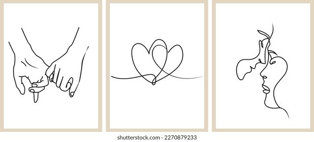 Set Of 3 line drawing featuring romantic couple art. One of the drawing depicts the couple holding hands, while the other two are line art posters showcasing the couple's hands in a sketch format