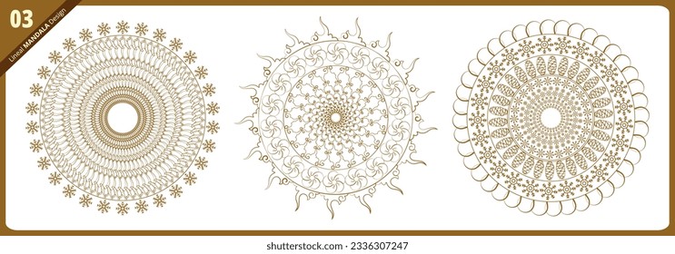 Set of 3 Lineal Mandala designs creative ornamental decorative element in circle shape