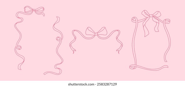 Set of 3 Linear outline ribbon frames with bow. Vector hand drawn illustration of ribbons in sketch style. Coquette core aesthetic