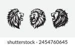 set of 3 lion head angry roaring logo vector silhouette, shows power and strenght