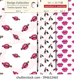 Set of 3 lipstick makeup sketch vector seamless patterns: main pattern with lipstick mouth and biting and two companions. Performed as textile sampler on hanger. Seamless patterns in fashion style.