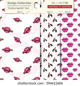 Set of 3 lipstick makeup sketch vector seamless patterns: main pattern with lipstick mouth and biting and two companions. Performed as textile sampler on hanger. Seamless patterns in fashion style.