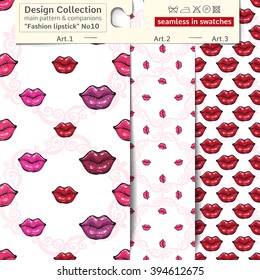 Set of 3 lipstick makeup sketch vector seamless patterns: main pattern with pink lips and lipstick and two companions. Performed as textile sampler on hanger. Seamless patterns in fashion style.