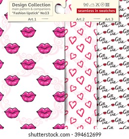 Set of 3 lipstick makeup sketch vector seamless patterns: main pattern with pink lips and lipstick and two companions. Performed as textile sampler on hanger. Seamless patterns in fashion style.