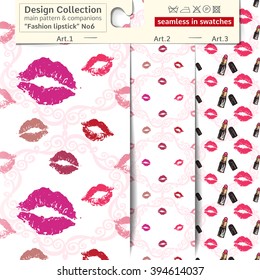 Set of 3 lipstick makeup sketch vector seamless patterns: main pattern with kiss and lipstick and two companions. Performed as textile sampler on hanger. Seamless patterns in fashion style.