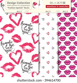 Set of 3 lipstick makeup sketch vector seamless patterns: main pattern with remember that I love you script and companions. Performed as textile sampler on hanger. Seamless patterns in fashion style.