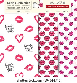 Set of 3 lipstick makeup sketch vector seamless patterns: main pattern with remember that I love you script and companions. Performed as textile sampler on hanger. Seamless patterns in fashion style.