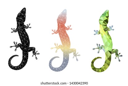 Set of 3 lizard silhouettes isolated on white background vector illustration Low poly triangular vector illustration . Gecko polygonal style trendy modern logo design.