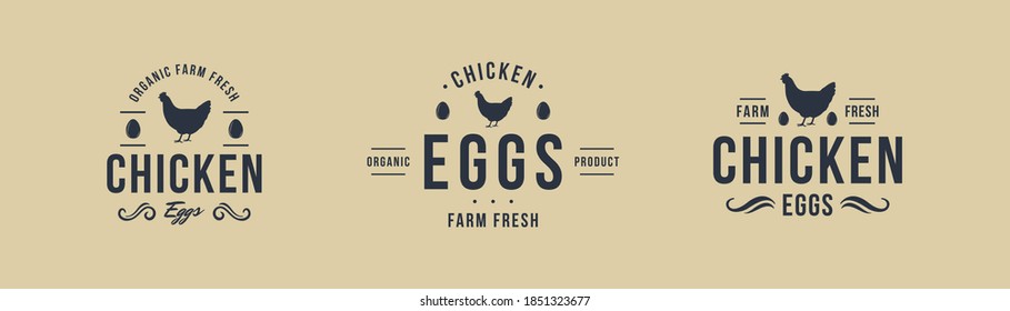 Set of 3 logo of Hen Eggs. Chicken eggs with hen silhouette. Hen, Chicken logo. Vintage elements for design logo, poster. Vector illustration