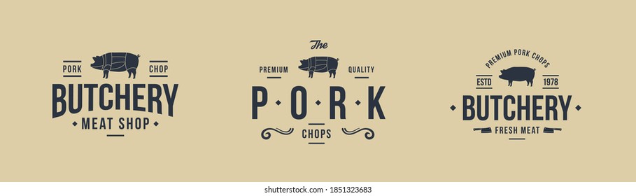 Set of 3 logo of Pork. Butchery logo with pig silhouette. Pig, Pork labels. Vintage elements for design logo, poster. Vector illustration
