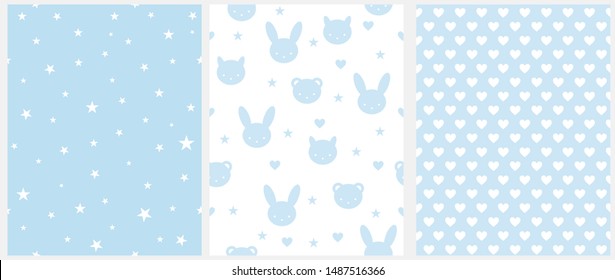 Set of 3 Lovely Nursery Vector Prints. White Stars and Hearts Isolated on a Blue Background. Blue Bunnies,Dogs and Bears with Stars and Hearts on a White. Simple Pastel Color Design for Baby Boy.