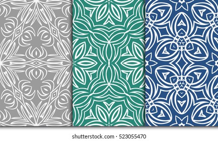 set of 3 Luxury floral ornament. seamless pattern. blue, green, grey color. vector illustration.