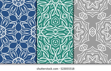 set of 3 Luxury floral ornament. seamless pattern. blue, green, grey color. vector illustration.