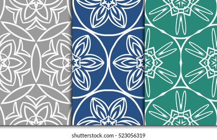 set of 3 Luxury floral ornament. seamless pattern. blue, green, grey color. vector illustration.