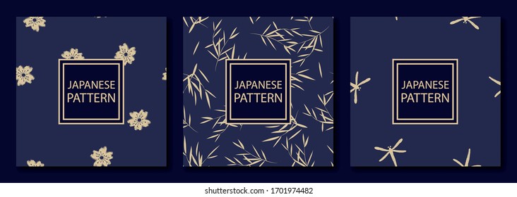 Set of 3 luxury patterns in asian style. Vector seamless background in rich dark blue and gold colors.