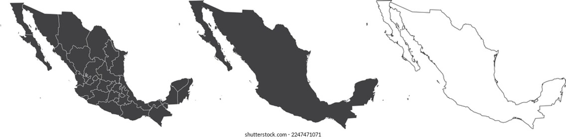 set of 3 maps of Mexico - vector illustrations
