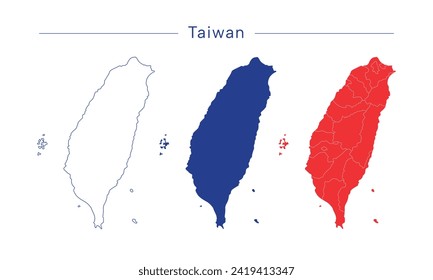 Set of 3 maps of Taiwan. Vector illustrations