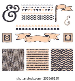 Set of 3 marine abstract seamless pattern and design elements.Stamp, dividers, brush, ribbon,flag,ampersand. Grunge texture. Hand drawing. Vector illustration.  Chevron pattern.Pattern with stripes.