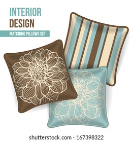 Set of 3 matching decorative pillows for interior design (brown and teal flower pattern). Vector illustration.