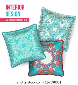 Set of 3 matching decorative pillows for interior design (turquoise oriental pattern). Vector illustration.