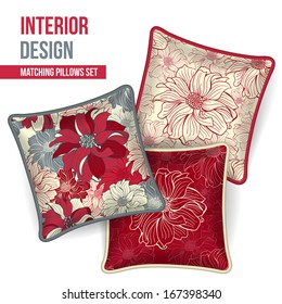 Set of 3 matching decorative pillows for interior design (red flower pattern). Vector illustration.