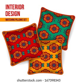 Set of 3 matching decorative pillows for interior design (colorful flower pattern). Vector illustration.