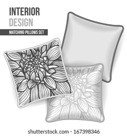 Set of 3 matching decorative pillows for interior design (black and white flower pattern). Vector illustration.