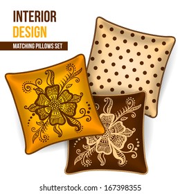 Set of 3 matching decorative pillows for interior design (mustard and grey chevron pattern). Vector illustration.