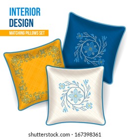 Set of 3 matching decorative pillows for interior design (ukrainian cross stitch pattern). Vector illustration.