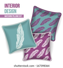 Set of 3 matching decorative pillows for interior design (orchid feathers pattern). Vector illustration.