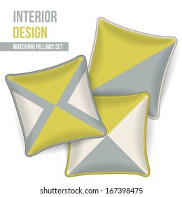 Set of 3 matching decorative pillows for interior design (mustard and grey geometric pattern). Vector illustration.