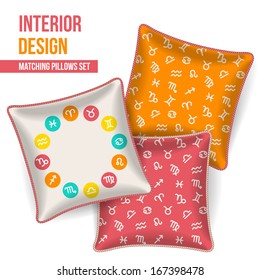 Set of 3 matching decorative pillows for interior design (colorful zodiac pattern). Vector illustration.