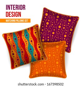 Set of 3 matching decorative pillows for interior design (orange wave pattern). Vector illustration.