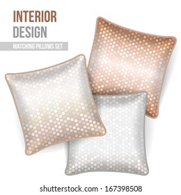 Set of 3 matching decorative pillows for interior design (light grey spot pattern). Vector illustration.